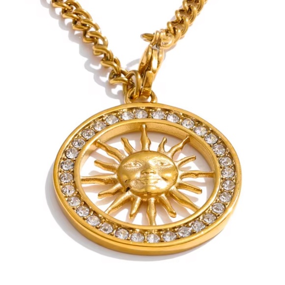 Sun Medallion Pendant Necklace Stainless Steel Gold Plated with Cubic Zirconia - Picture 7 of 10